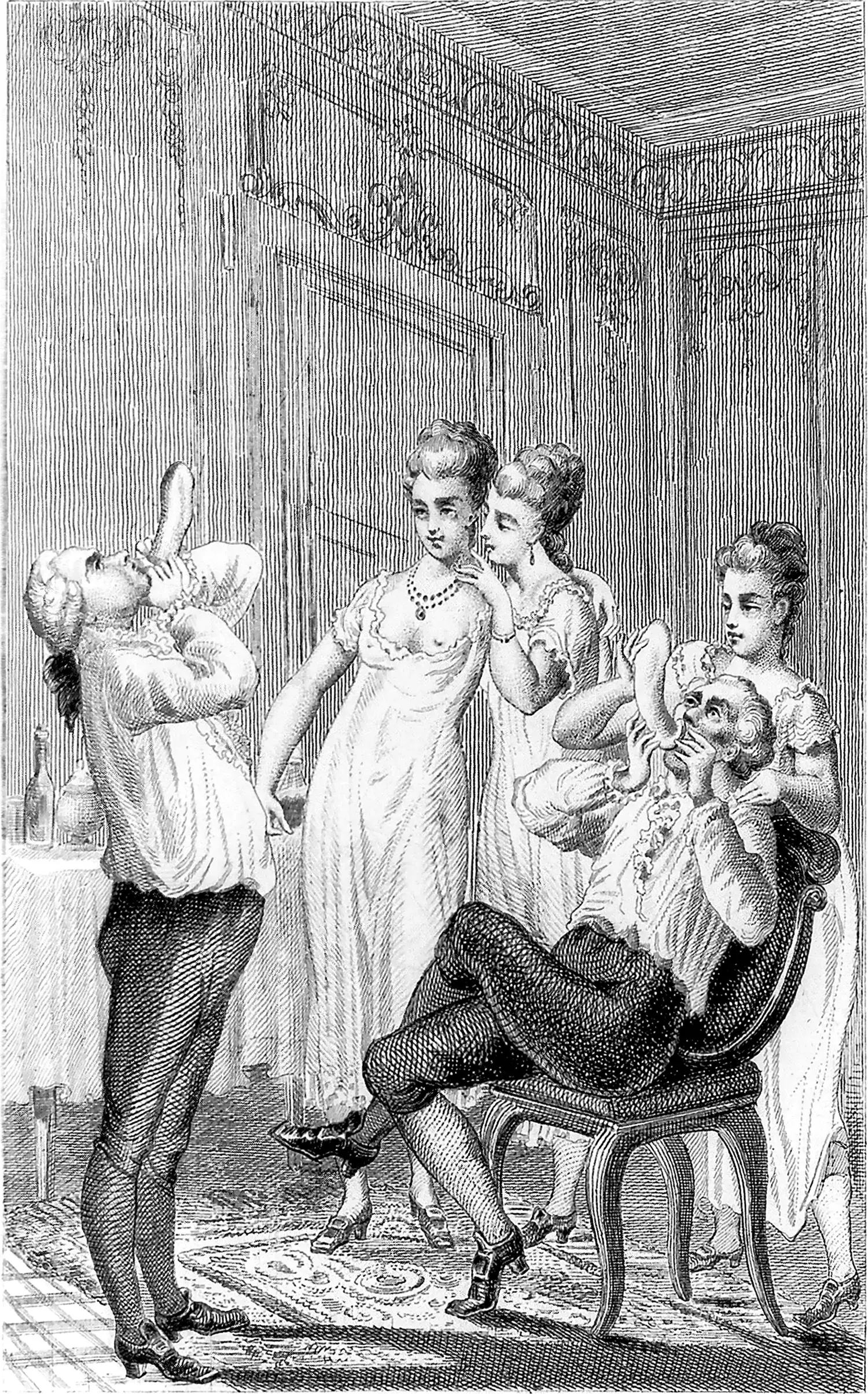 Giacomo Casanova and another man test condoms by blowing them up as the ladies they’re with heartily laugh on.